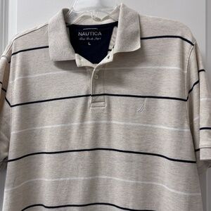 Nautica Polo Deck Shirt Mens Medium/Large Tan Black White Stripe Golf